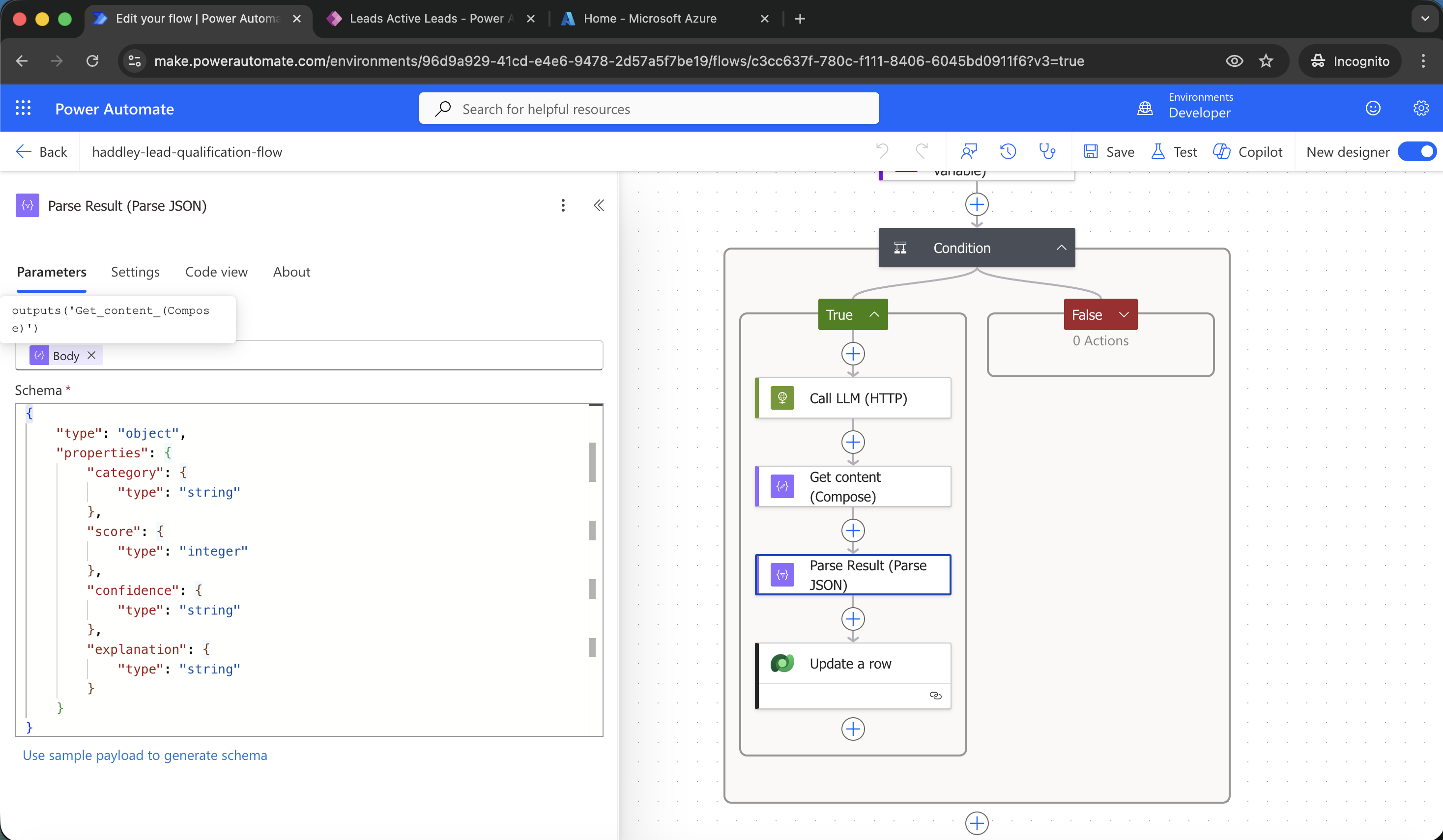 I used Parse JSON to extract the category, score, confidence and explaination values